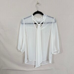 Essentials Forever 21 White Sheer Tie Neck Bow Blouse Large 3/4 Sleeve Top